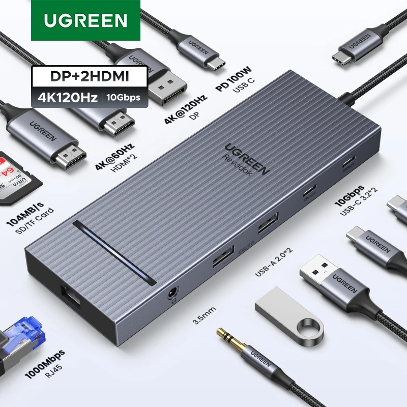 תחנת עגינה UGREEN 12 ב-1 2xHDMI DP RJ45 100W