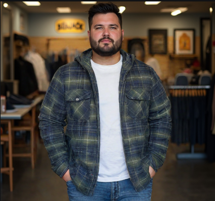 מעיל פוך משובץ  עם קפוצ'ון רוכסן מלא ירוק /כחול 