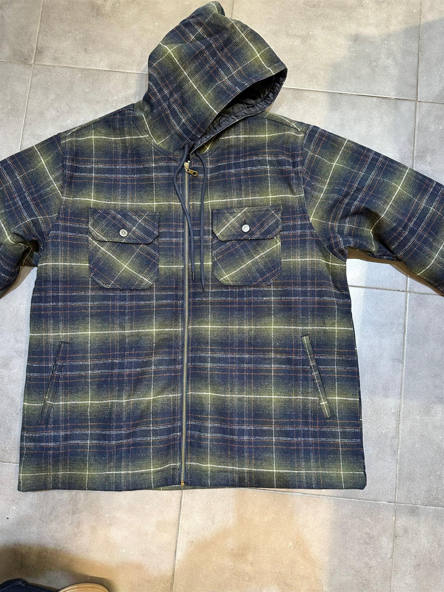 מעיל פוך משובץ  עם קפוצ'ון רוכסן מלא ירוק /כחול 