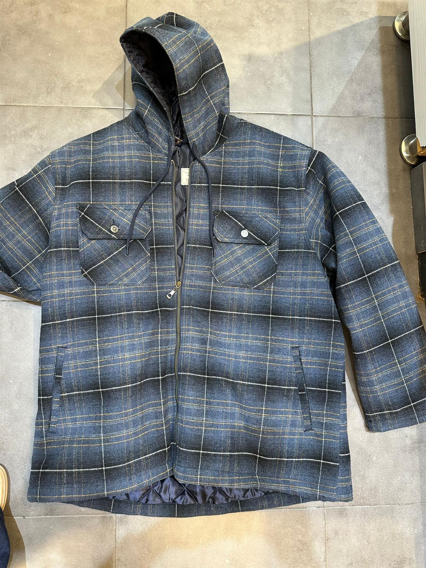 מעיל פוך משובץ  עם קפוצ'ון רוכסן מלא אפור/שחור